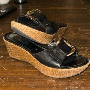 Black espadrilles with straw chunky sole & silver buckle